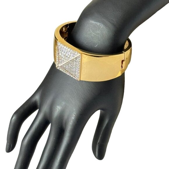 18K Gold Plated CZ Paved Pyramid Wide Bangle Cuff Bracelet For Women - Picture 2 of 10